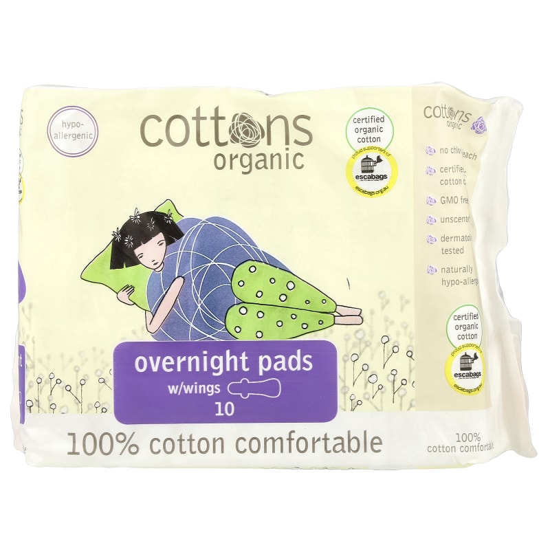 Organic, Overnight Pads with Wings, Heavy, Unscented