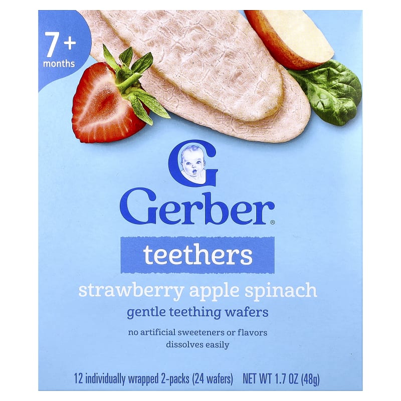 Teethers, Gentle Teething Wafers, 7+ Months, Strawberry Apple Spinach, 12 Individually Wrapped 2-Packs, 0.14 oz (4 g) Each