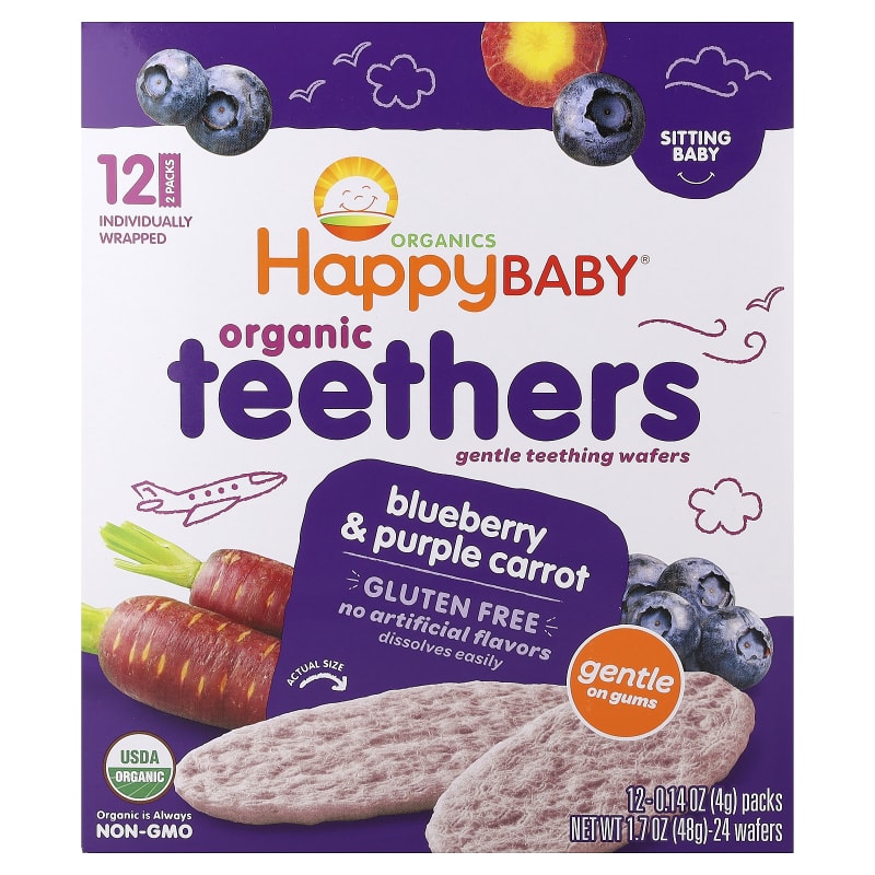 Happy Baby®, Organic Teethers, Gentle Teething Wafers, Blueberry & Purple Carrot, 0.14 oz (4 g) Each