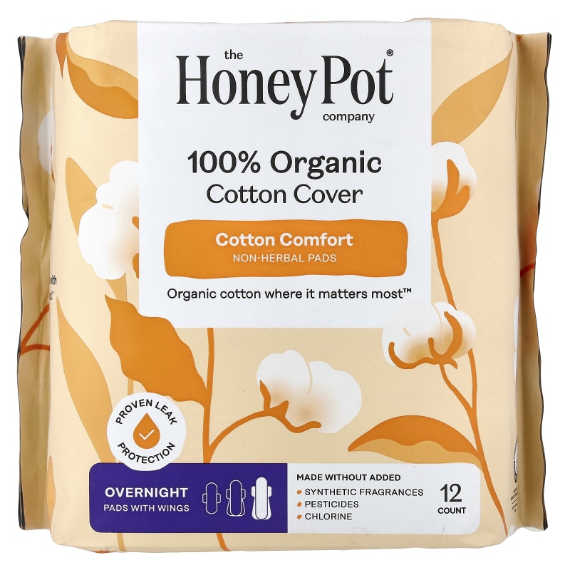 100% Organic Cotton Cover, Non-Herbal Pads with Wings, Overnight